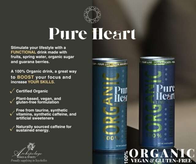 Starting the week with Pure Heart,100% organic, clean energy in every sip!#organicdrink #pureheartenergy #archipelagowinesandspirits #seychelles
