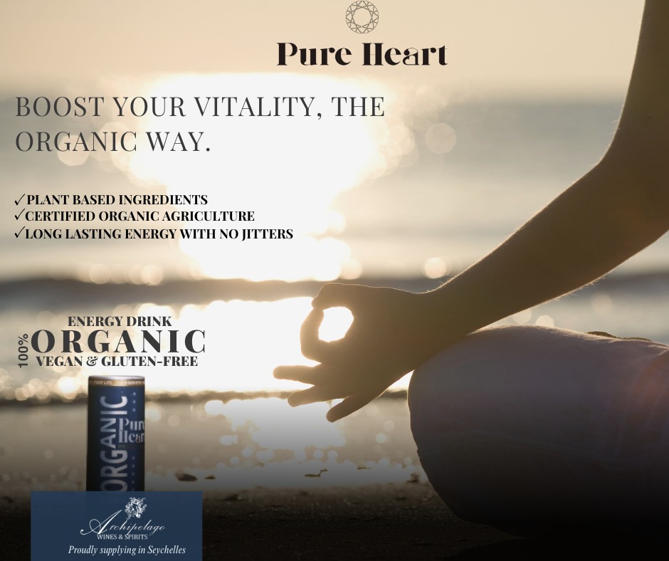 Find your flow with Pure Heart 🌊An organic, plant-based energy drink designed for balance and clarity — without the jitters.#archipelagowinesandspirits #seychelles #pureheart #energydrink