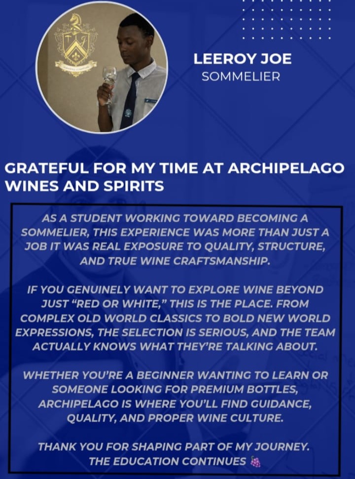 Today marked the final day of STA student Leeroy Joe’s attachment at Archipelago Wines & Spirits. Throughout his time with us, he showed genuine passion for wine and a strong commitment to learning as he continues his journey toward becoming a sommelier. We’re so proud to have supported his development and wish him every success ahead. 🍷#archipelagowinesandspirits #seychelles #wineeducation #supportingnextgeneration