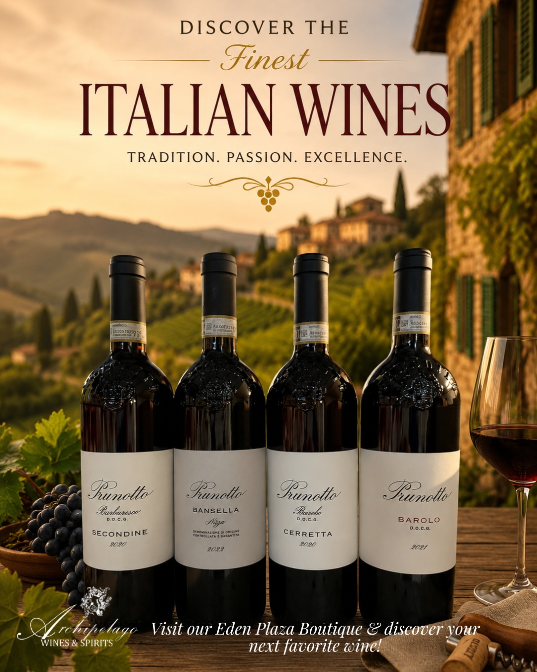 From the heart of Italy to your glass. Experience the elegance of our premium Italian wine collection.Visit us at Eden Plaza Boutique today.