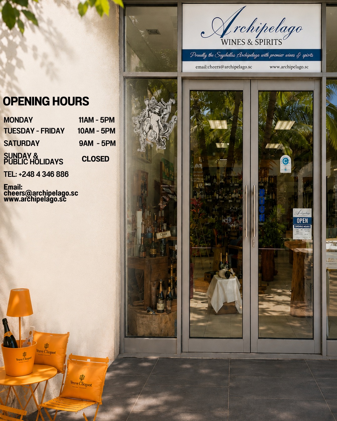 Planning your next visit? 🍾Discover our selection of fine wines, champagnes and spirits at the Archipelago Wines & Spirits boutique, Eden Plaza.Our updated opening hours are shown above. We look forward to welcoming you!📍 Eden Plaza, Eden Island📞 +248 4 346 886📧 cheers@archipelago.sc