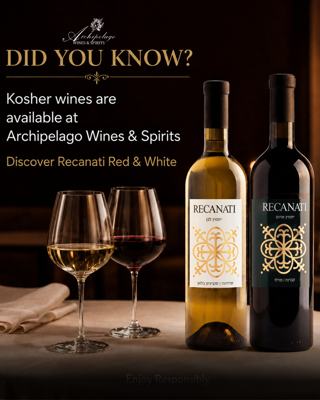 Did you know? 🍷Kosher wines are available at Archipelago Wines & Spirits. Discover Recanati Yasmin Red and White—elegant selections for your table, special occasions and meaningful gatherings.Visit us at Eden Plaza to explore our selection.